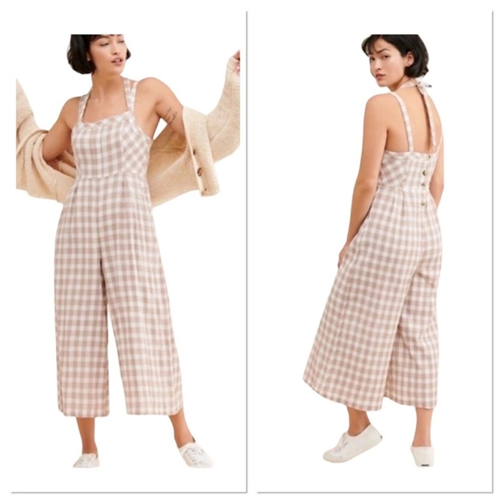 Free People Zuzu Jumpsuit Neutral Gingham Size 4